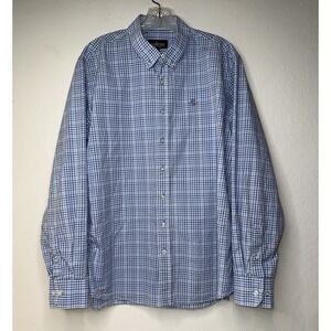 Solera Men's Solid Button-Down Shirt Size L Blue Woven Plaid Long Sleeve Career